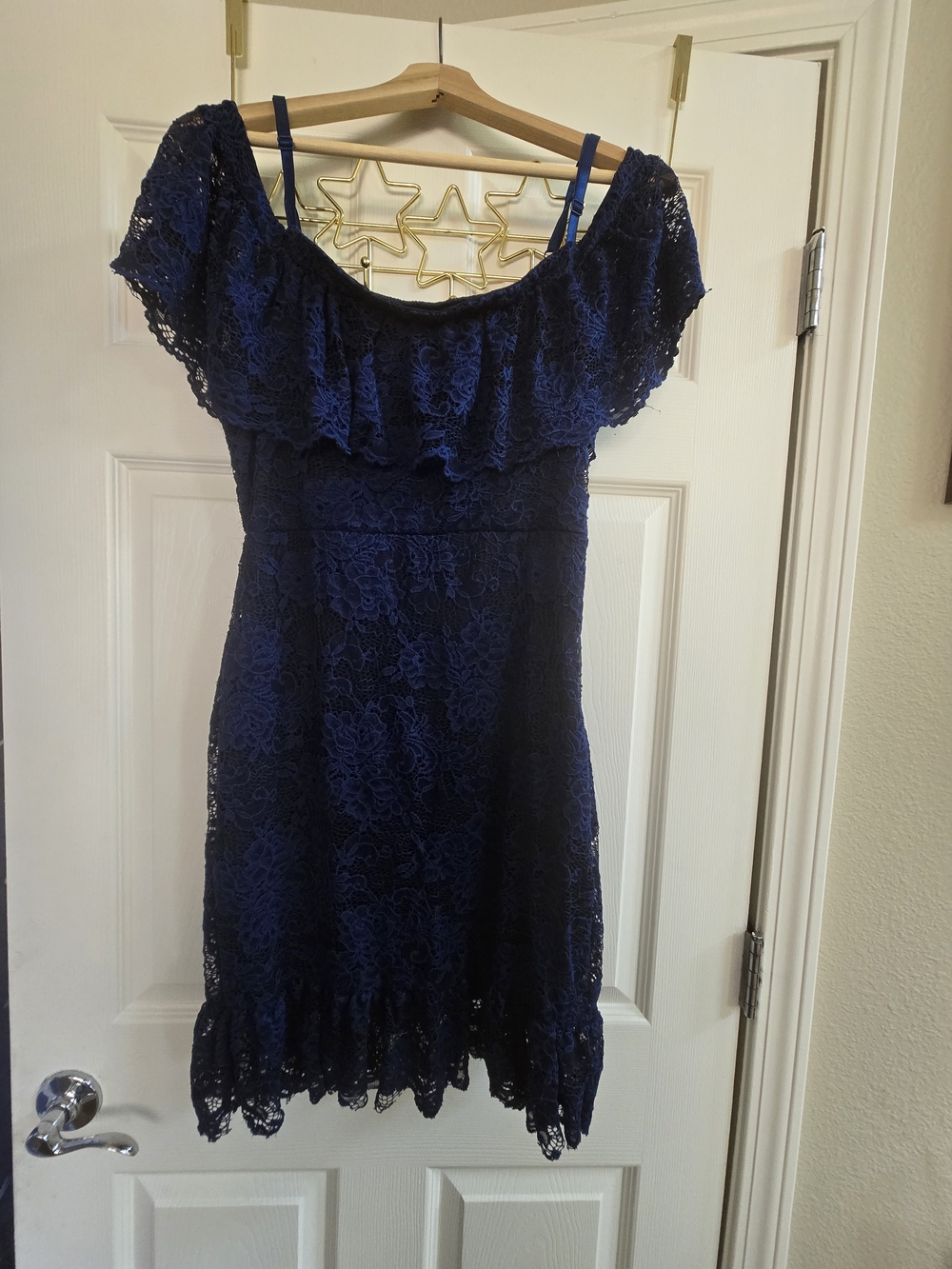MIAO MIAO Off-Shoulder Navy Lace Ruffle Dress